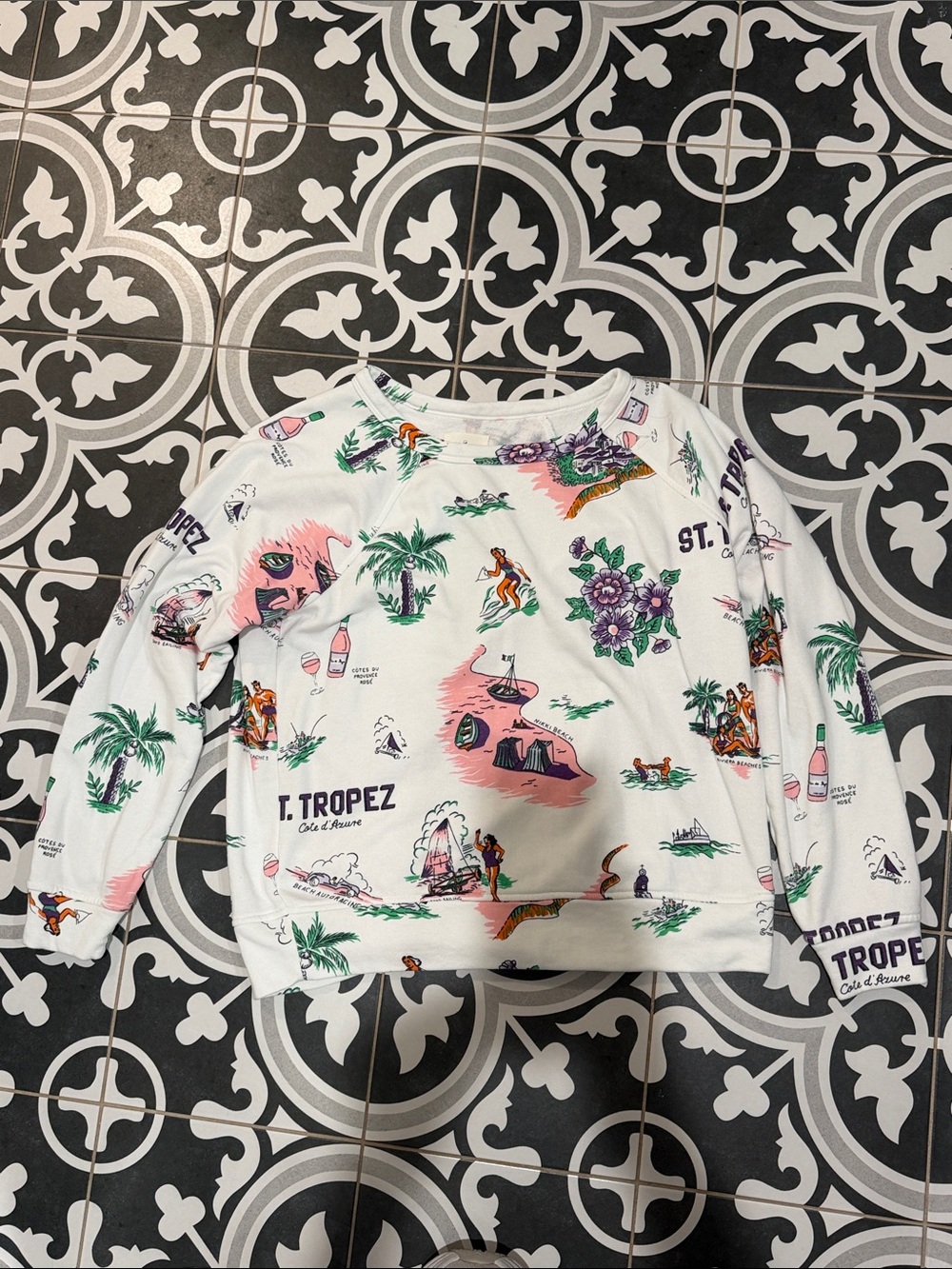 Lou & Grey White Pullover Sweatshirt with Pink, Green & Purple Prints